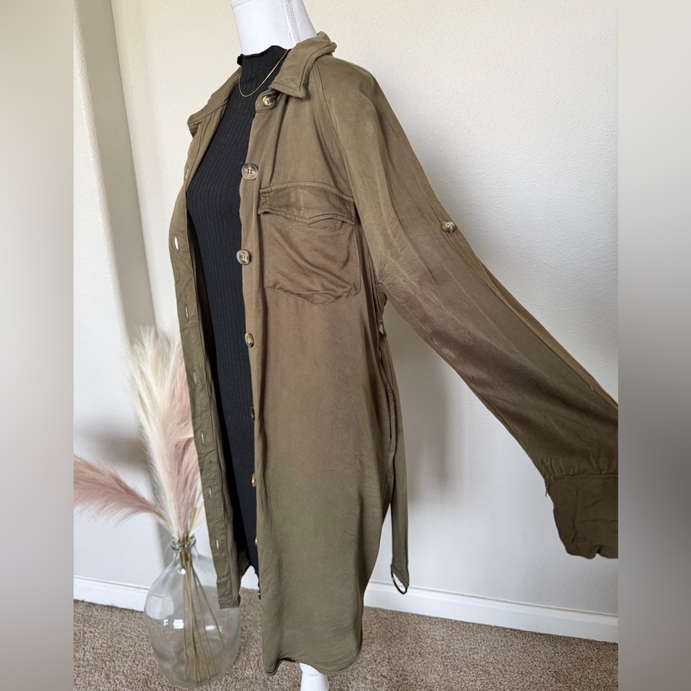 100% Cotton Olive Green Belted Shirt Dress - Picture 13 of 14